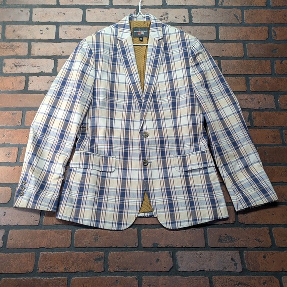 Banana Republic Other - Banana Republic Mad Men Plaid Blazer 38S Tailored Slim Fit Navy Red Gold Lining